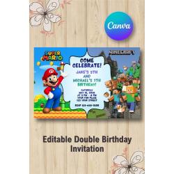Twin Super Mario and Minecraft Birthday Invitation | Canva Template